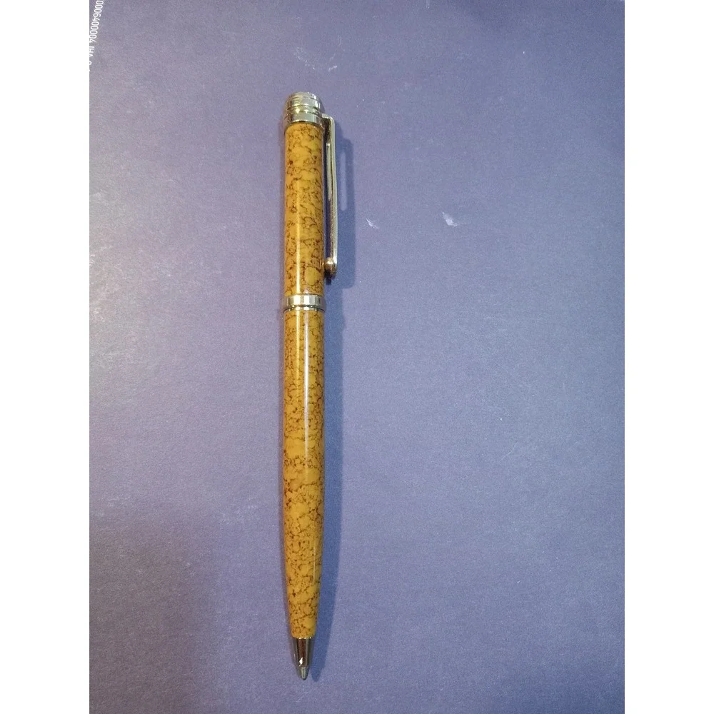 Yellow Marbled Resin Ballpoint Pen woodtTone Hardware Swirl Finial Accentne